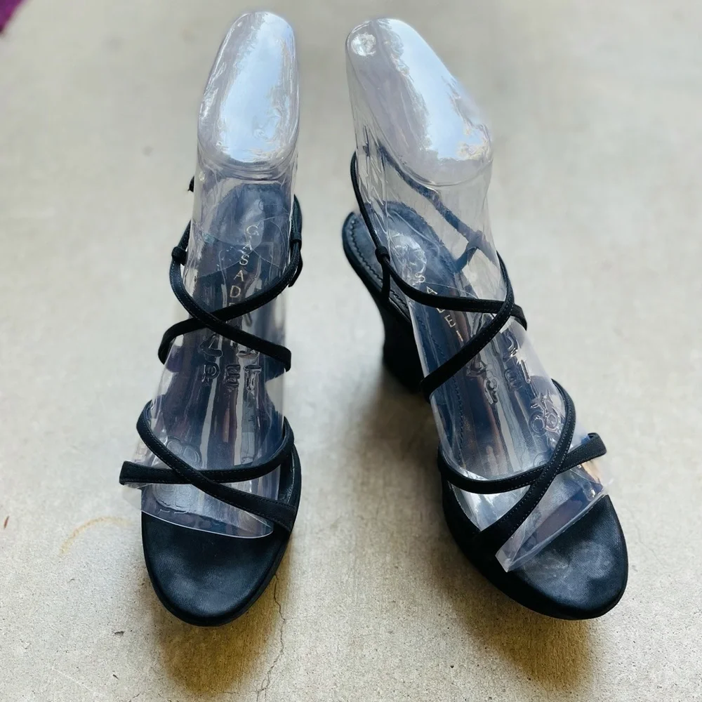 Casadei Platform Wedge Sandals 6.5 Leather Chunky Strappy Black Luxury Gen Z